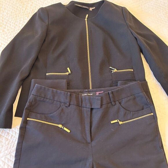 Ivanka Trump Black Suit Set: Zip-Front Jacket (8) Slim Pants (6) - Gold Detail - Picture 3 of 9